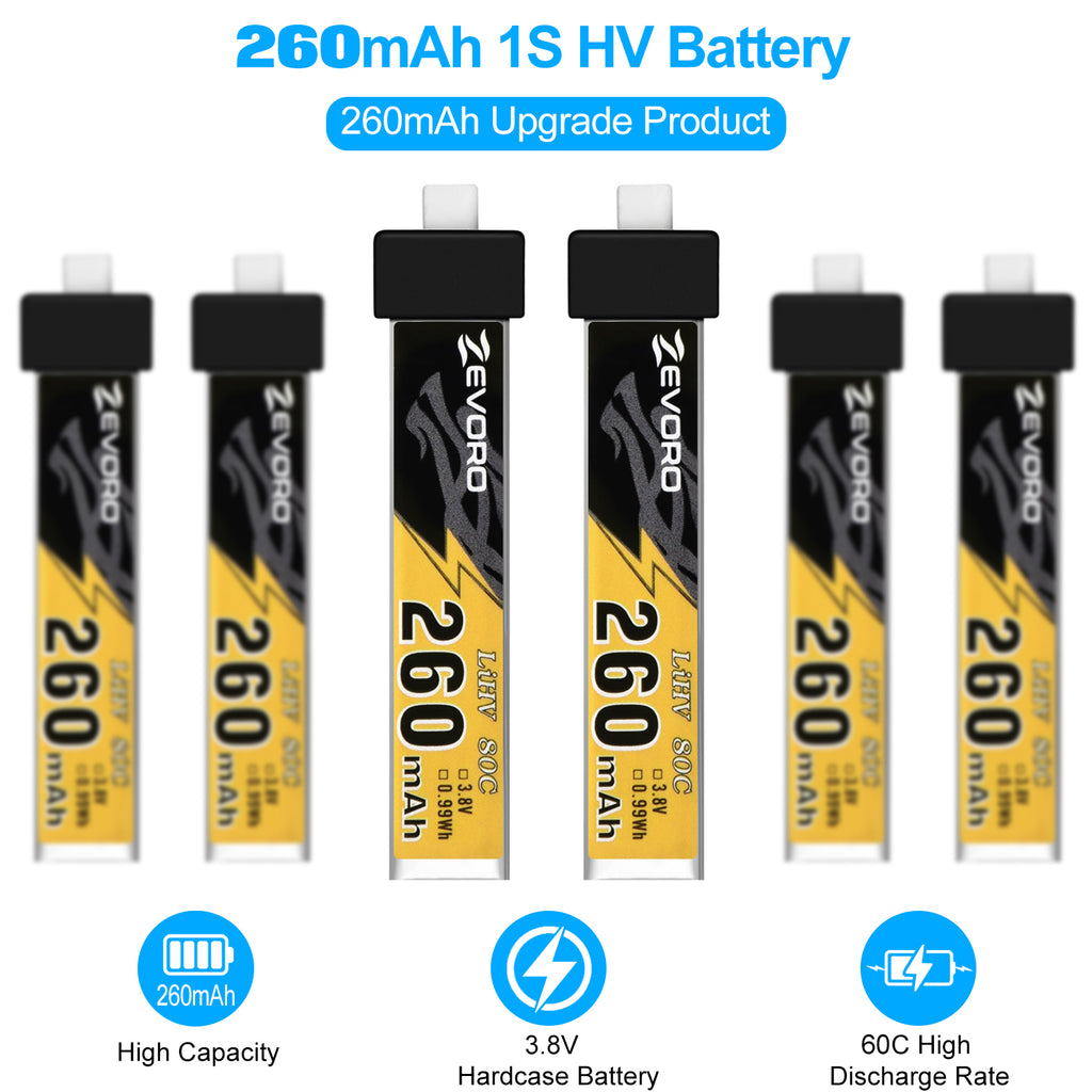 6pcs 260mAh 1S Lipo Battery 3.8V 80C LiHV Battery with BT2.0 Connector for 65mm 1S FPV Tiny Whoop Drone Quadcopter Like Air65, Meteor65, Mobula 6