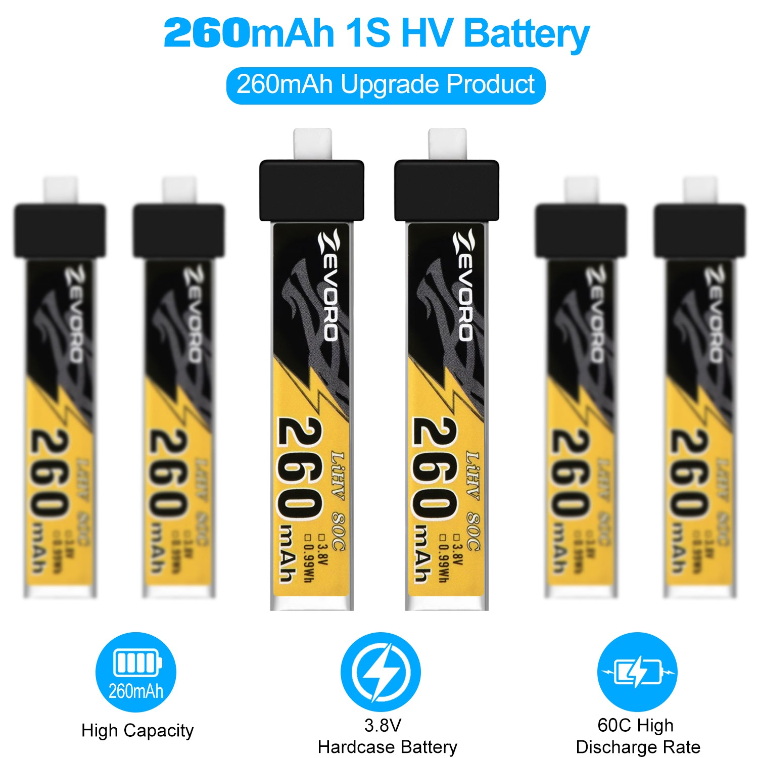 6pcs 260mAh 1S Lipo Battery 3.8V 80C LiHV Battery with BT2.0 Connector for 65mm 1S FPV Tiny Whoop Drone Quadcopter Like Air65, Meteor65, Mobula 6