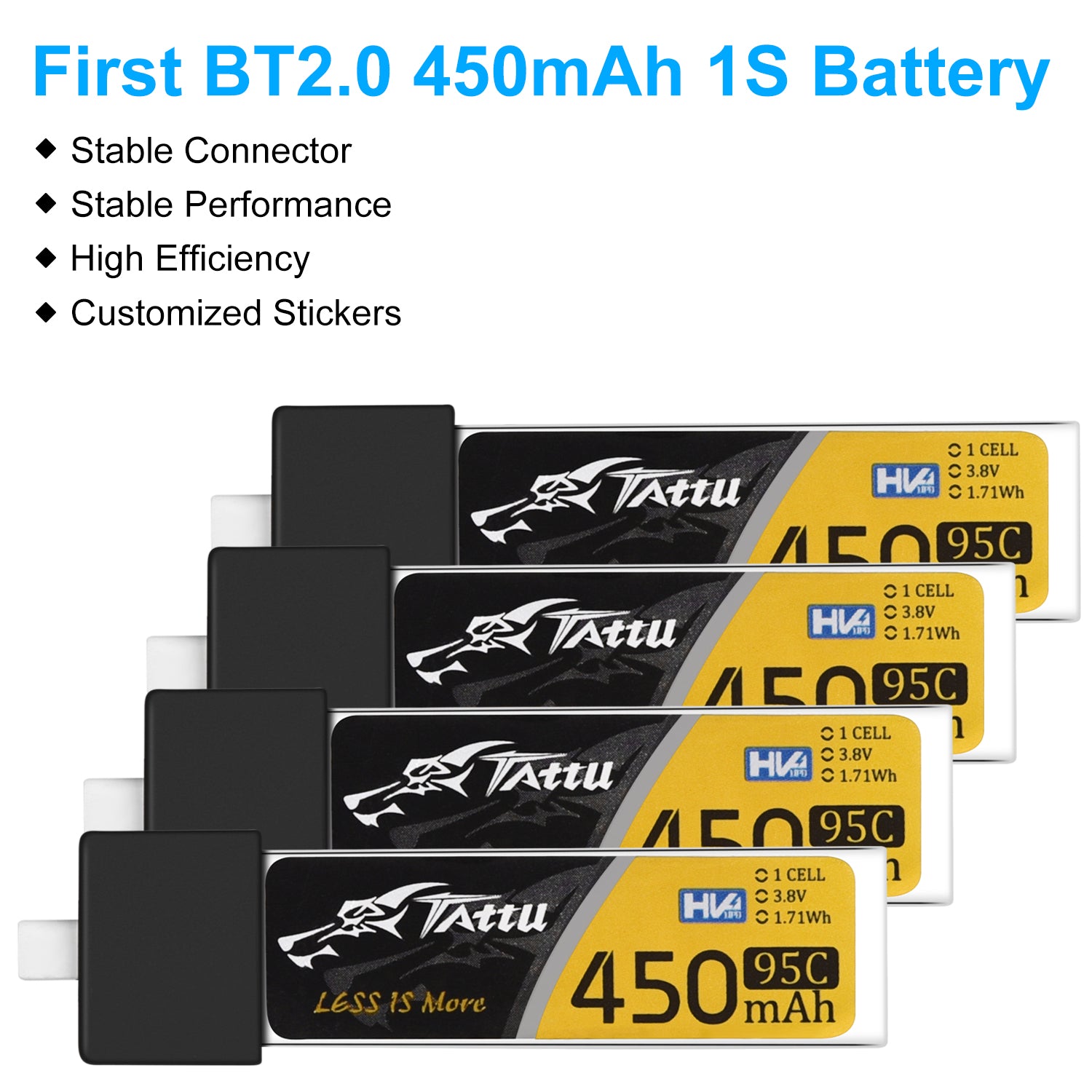 4pcs 450mAh 1S 3.8V LiHV 95C Lipo Battery with BT 2.0 Connector for 1S FPV Tiny Whoop Drone Quadcopters Like Meteor75, Cetus Pro FPV Kit