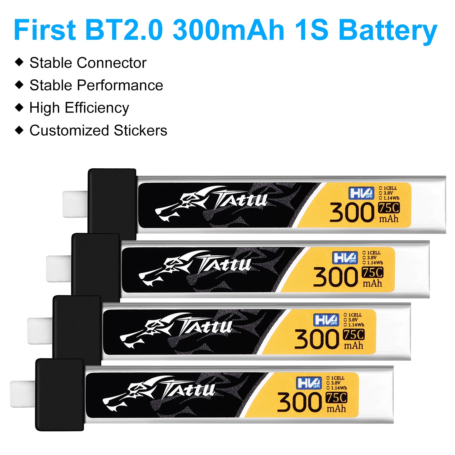 4pcs BT2.0 300mAh 1S Battery 3.8V 75C FPV Lipo Battery with BT2.0 Plug Connector for FPV Tiny Whoop 1S Brushless Whoop Drone