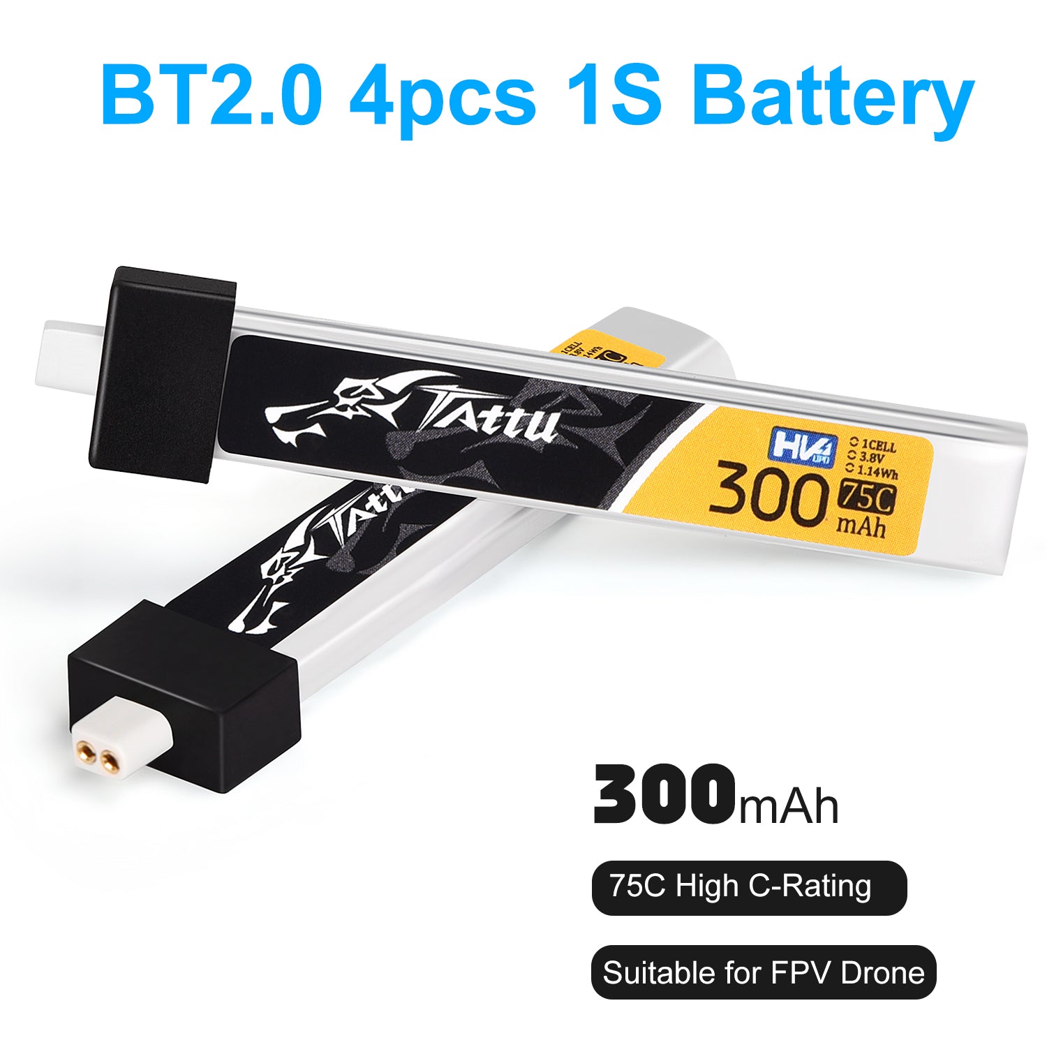 4pcs BT2.0 300mAh 1S Battery 3.8V 75C FPV Lipo Battery with BT2.0 Plug Connector for FPV Tiny Whoop 1S Brushless Whoop Drone