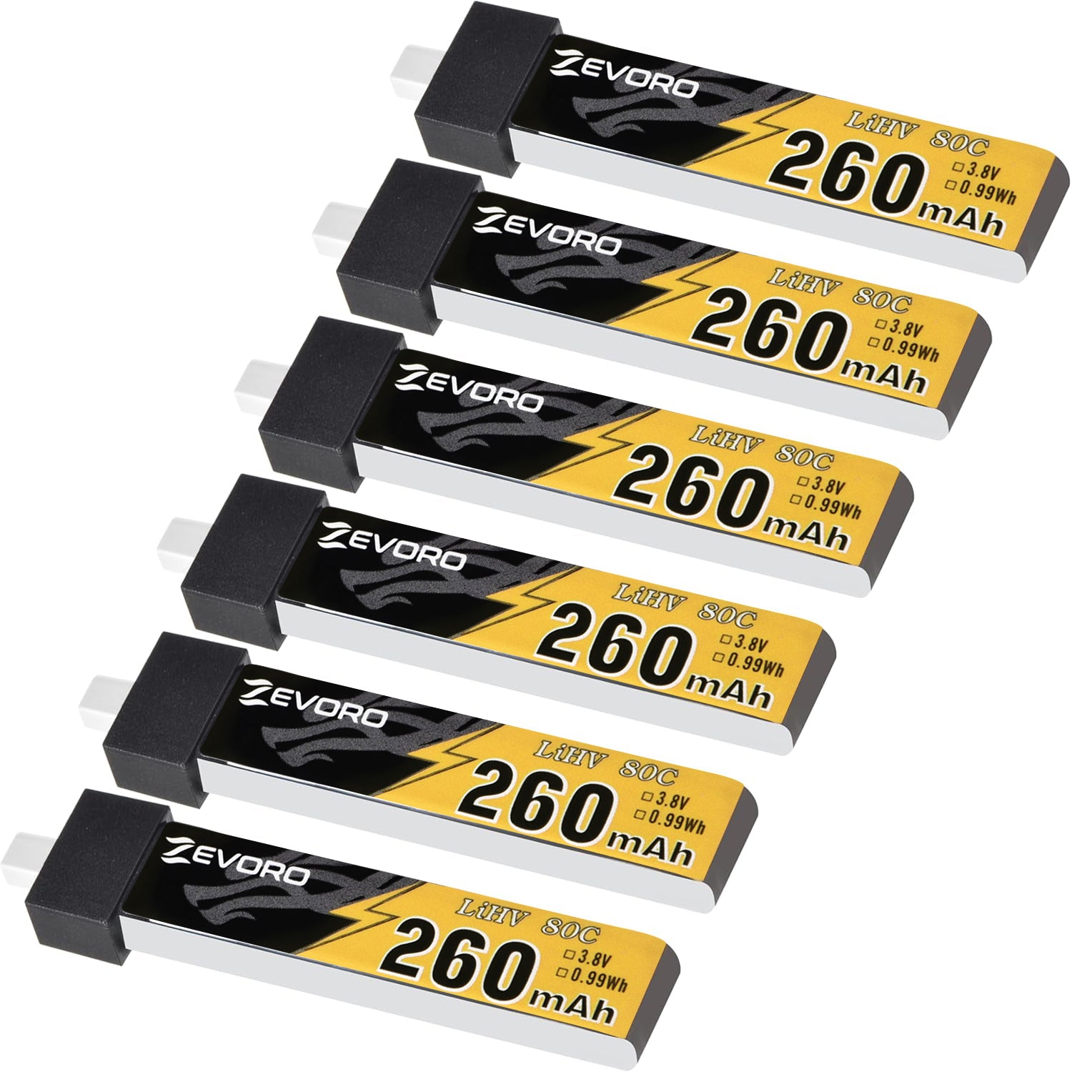 6pcs 260mAh 1S Lipo Battery 3.8V 80C LiHV Battery with BT2.0 Connector for 65mm 1S FPV Tiny Whoop Drone Quadcopter Like Air65, Meteor65, Mobula 6
