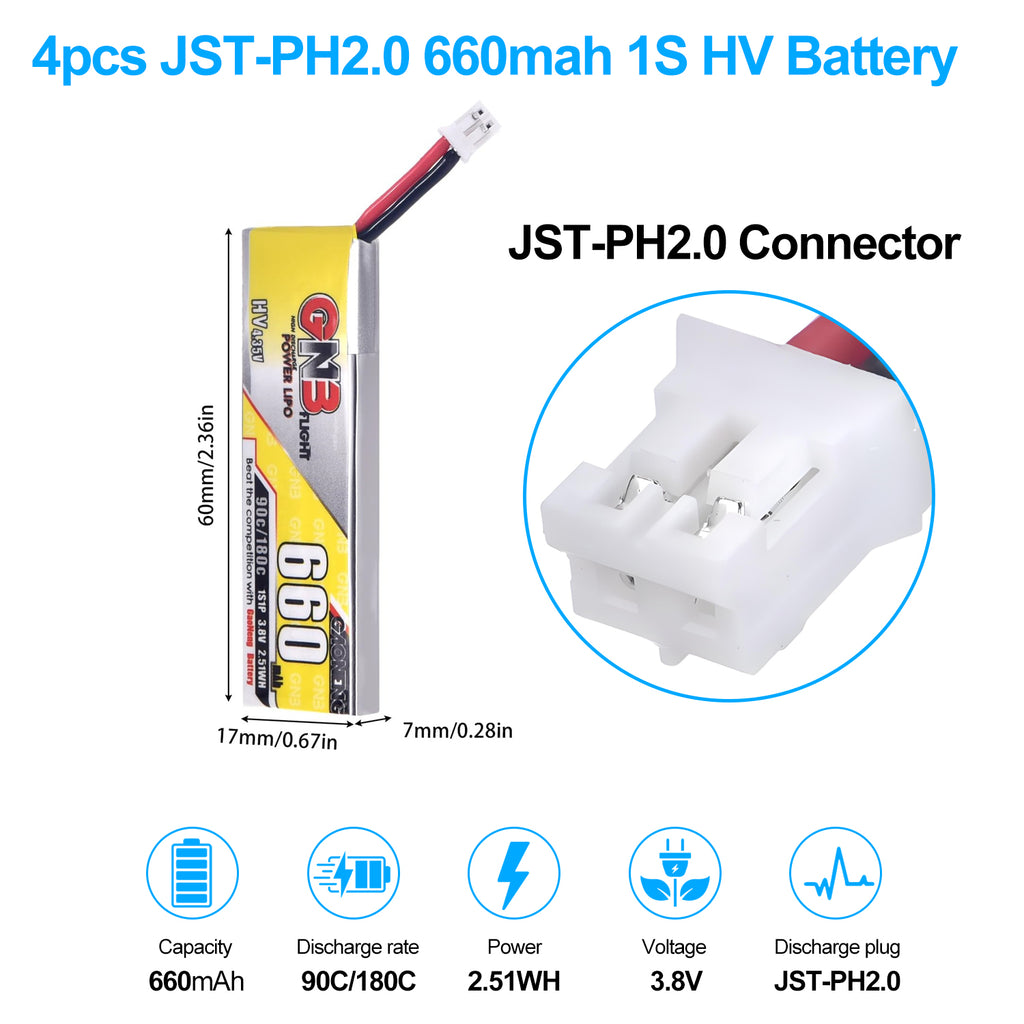 4pcs 660mAh 1S Lipo Battery, 3.8V LiHV 90C/180C JST-PH2.0 Connector for FPV Tiny Whoop Like Eachines Trashcan, Emax Tinyhawk Freestyle II, Snapper7, Mobula7,75mm Micro FPV Racing Drone