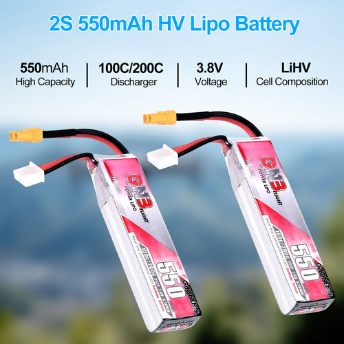 2pcs 550mAh 7.6V 100/200C LiHV 2S Lipo Battery with XT30 Plug for 2S FPV Racing Whoop Drone Quadcopters Like Mobula8, Meteor85, Pavo Pico 2S Brushless Drone