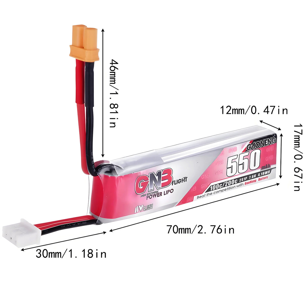 2pcs 550mAh 7.6V 100/200C LiHV 2S Lipo Battery with XT30 Plug for 2S FPV Racing Whoop Drone Quadcopters Like Mobula8, Meteor85, Pavo Pico 2S Brushless Drone