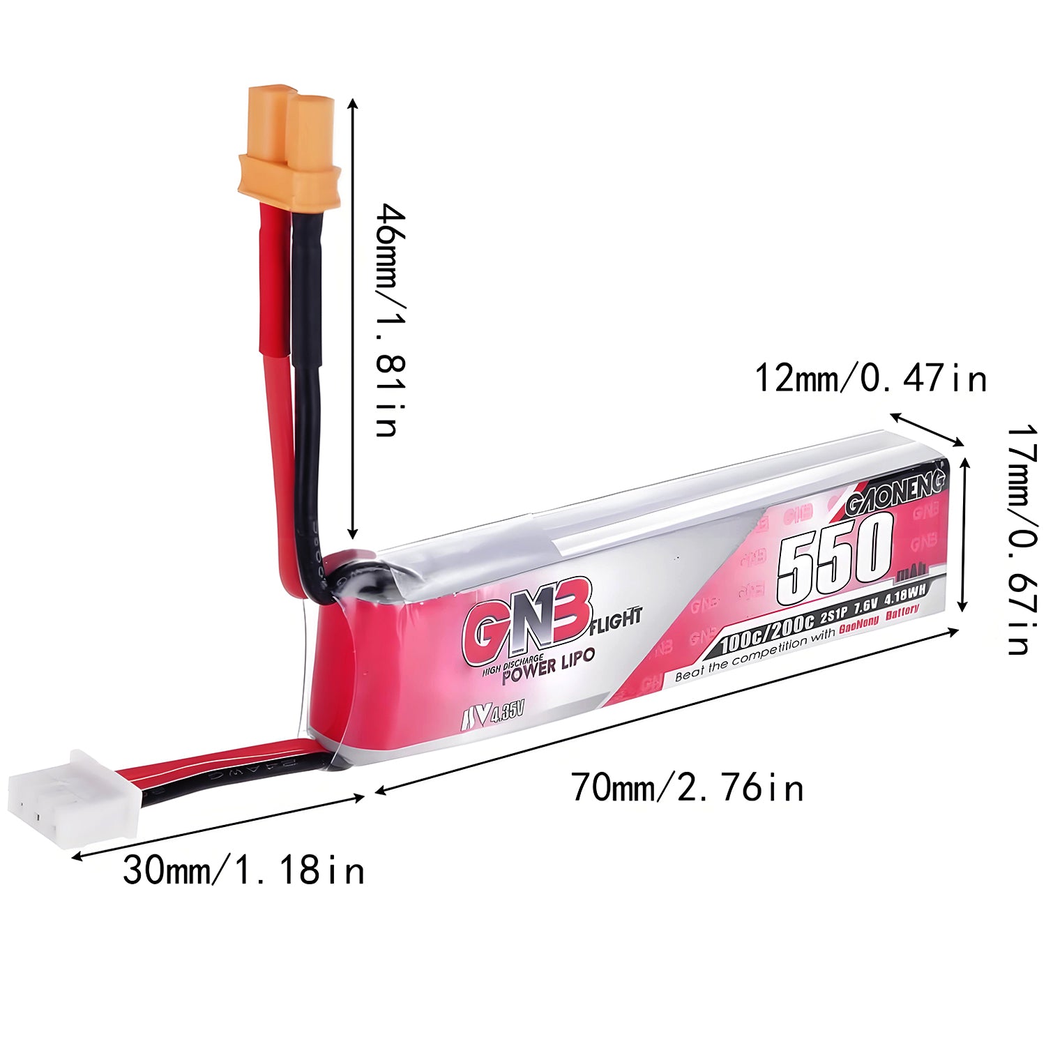 2pcs 550mAh 7.6V 100/200C LiHV 2S Lipo Battery with XT30 Plug for 2S FPV Racing Whoop Drone Quadcopters Like Mobula8, Meteor85, Pavo Pico 2S Brushless Drone