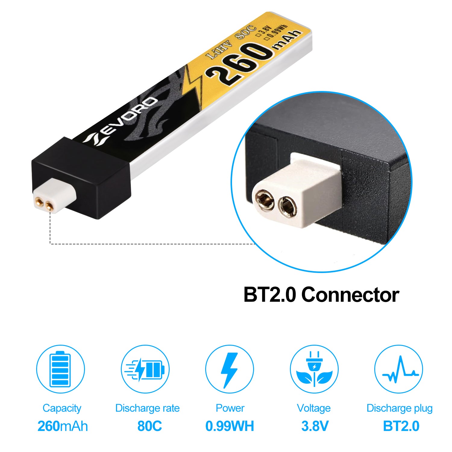 6pcs 260mAh 1S Lipo Battery 3.8V 80C LiHV Battery with BT2.0 Connector for 65mm 1S FPV Tiny Whoop Drone Quadcopter Like Air65, Meteor65, Mobula 6