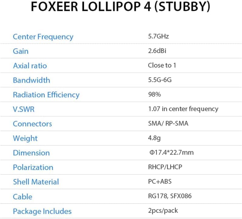 2pcs FOXEER FPV Antenna Lollipop 5.8GHz RHCP 2.5Dbi Stubby Antenna RP-SMA for FPV Racing Drone Fatshark Goggles TX RX (RP-SMA)