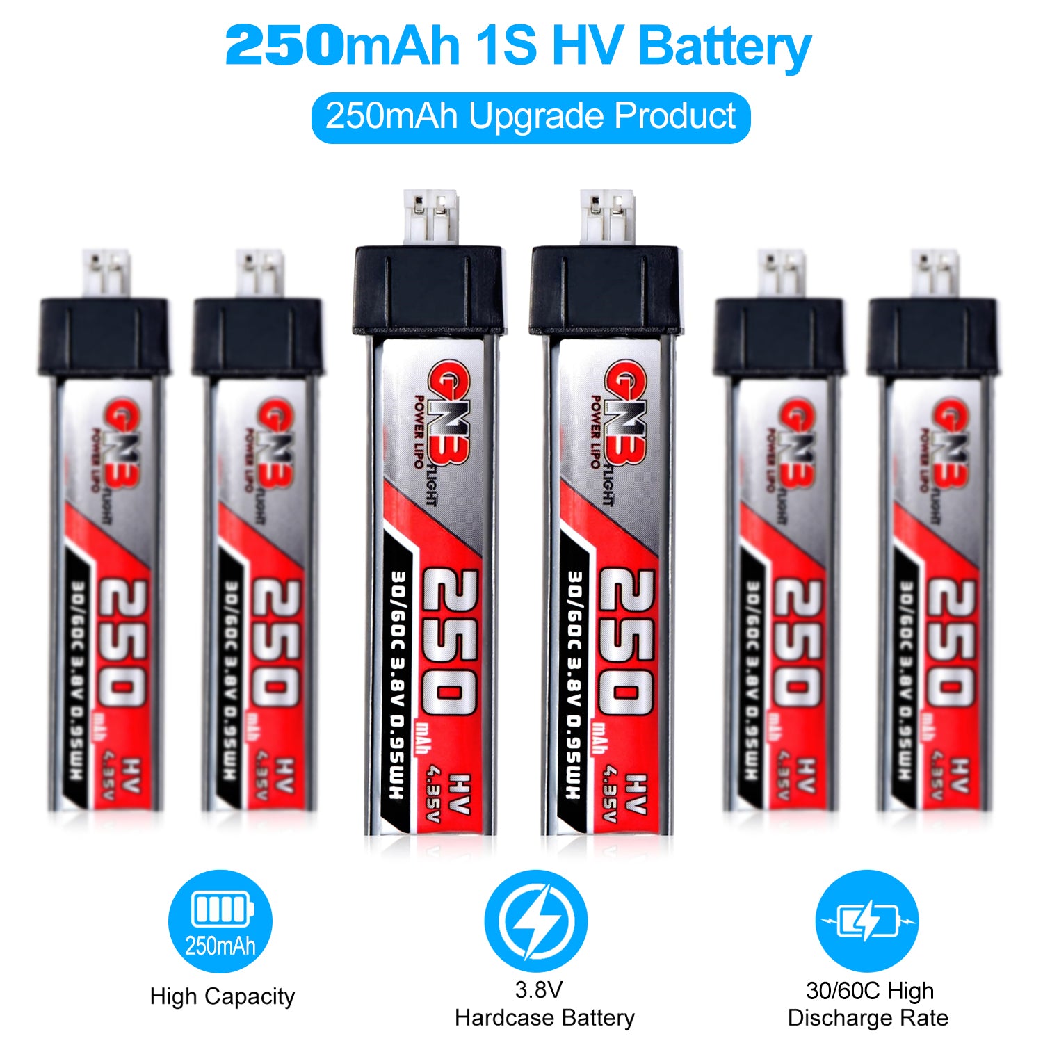 6pcs 250mAh 1S Battery 3.8V LiHV 30C/60C JST-PH2.0 Connector LiPo Battery for Emax Tinyhawk, Mobula7 FPV Racing Drone