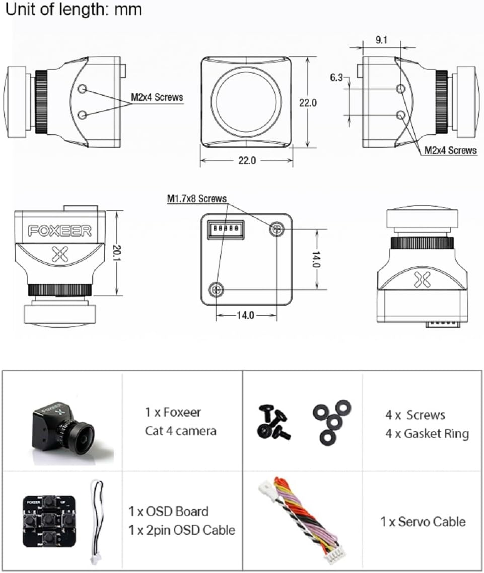 FPV Camera Foxeer Mini Cat 4, 1200TVL Super Starlight Night Vision Camera with 2.1mm Low Light Lens, OSD Menu Remote Control, Global WDR for RC FPV Racing Drone