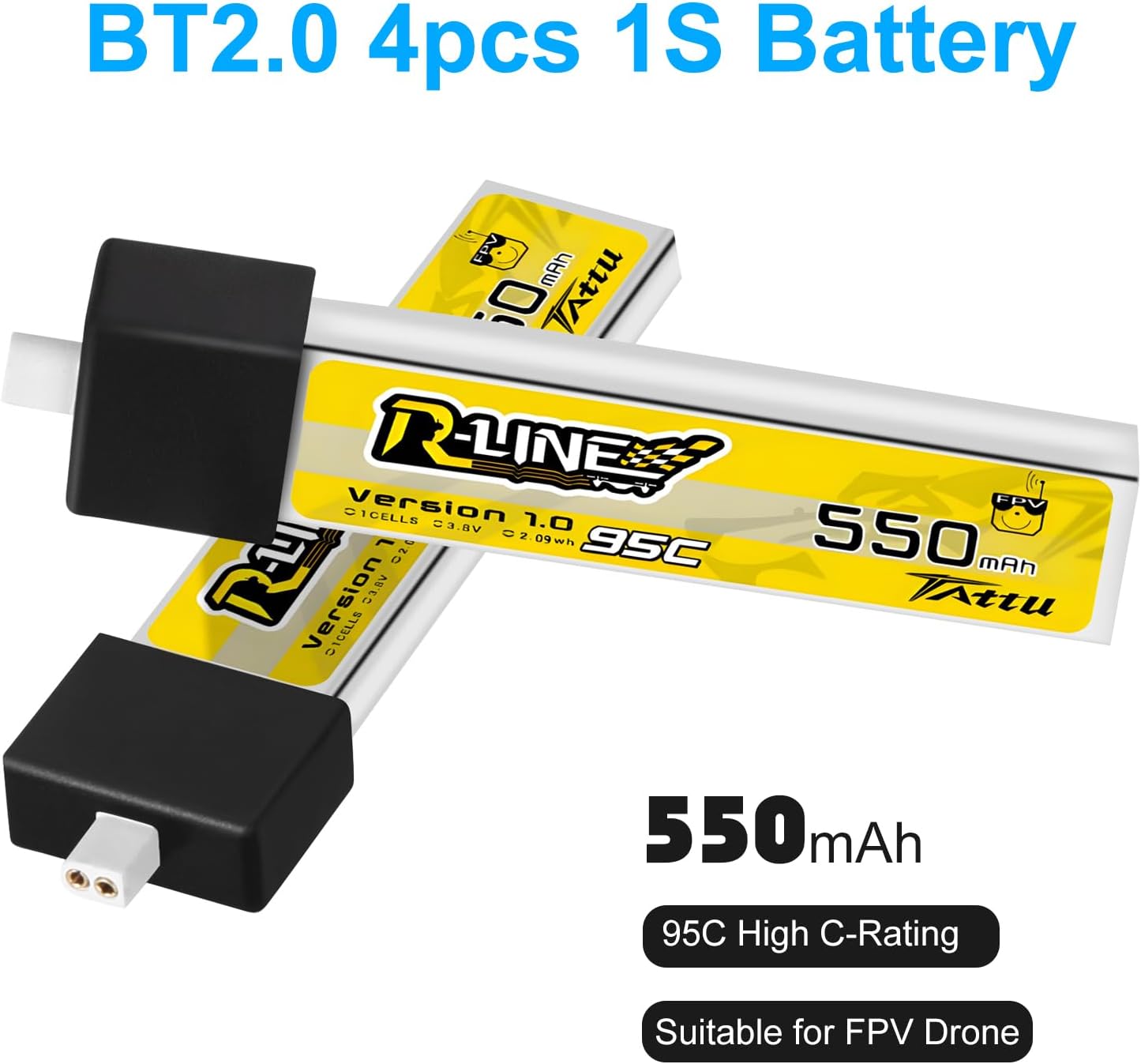 4pcs BT2.0 550mAh 1S Battery 3.8V 95C FPV Lipo Battery with BT2.0 Connector for 1S FPV Racing Whoop Drone Quadcopters Like Air75, Meteor75 Pro, Cetus Pro, Cetus X Brushless Drones