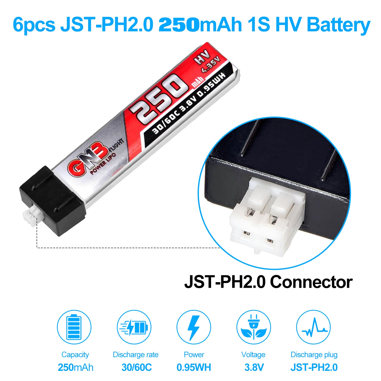 6pcs 250mAh 1S Battery 3.8V LiHV 30C/60C JST-PH2.0 Connector LiPo Battery for Emax Tinyhawk, Mobula7 FPV Racing Drone
