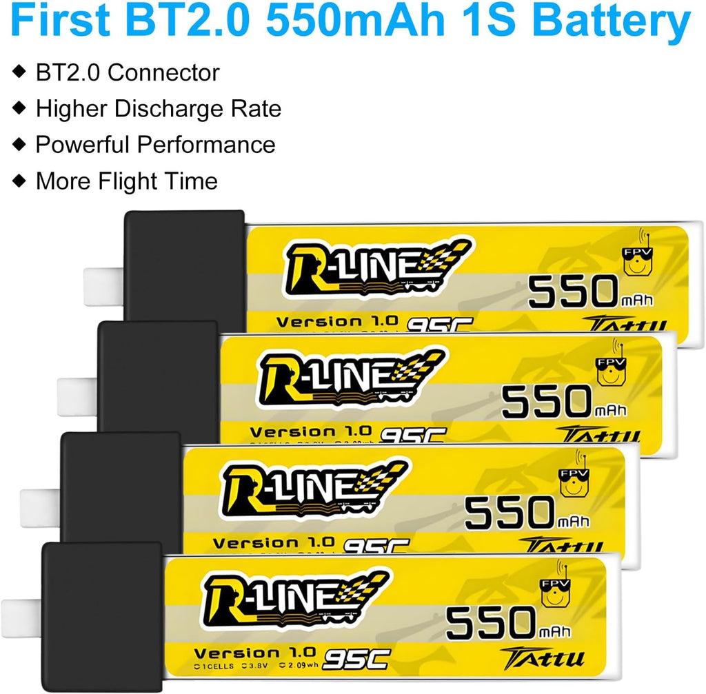 4pcs BT2.0 550mAh 1S Lipo Battery 95C for 1S FPV Racing Whoop Drone Quadcopters Like Air75, Meteor75 Pro, Cetus Pro, Cetus X Brushless Drones