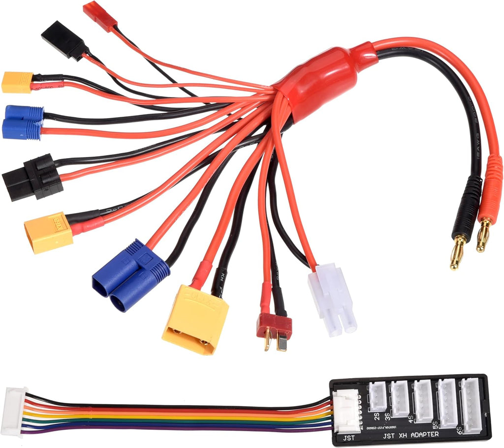 RC Lipo Battery Charger Adapter Connector Splitter Cable, 10 in 1 Convert Wire to 4.0mm Banana Plug with 2-6S Charge Balance Board for TRX, T-Plug, Tamiya, Futaba, JST, XT90, XT60, XT30, EC3, EC5