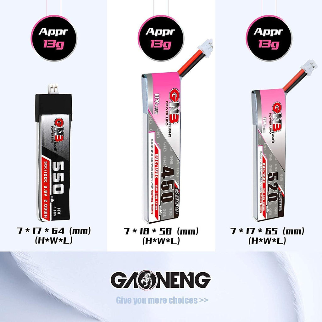 4pcs GNB 450mAh 1S HV LiPo Battery 3.8V 80C JST-PH 2.0 PowerWhoop mCPX Connector for EMAX Quadcopter Micro FPV Racing Drone