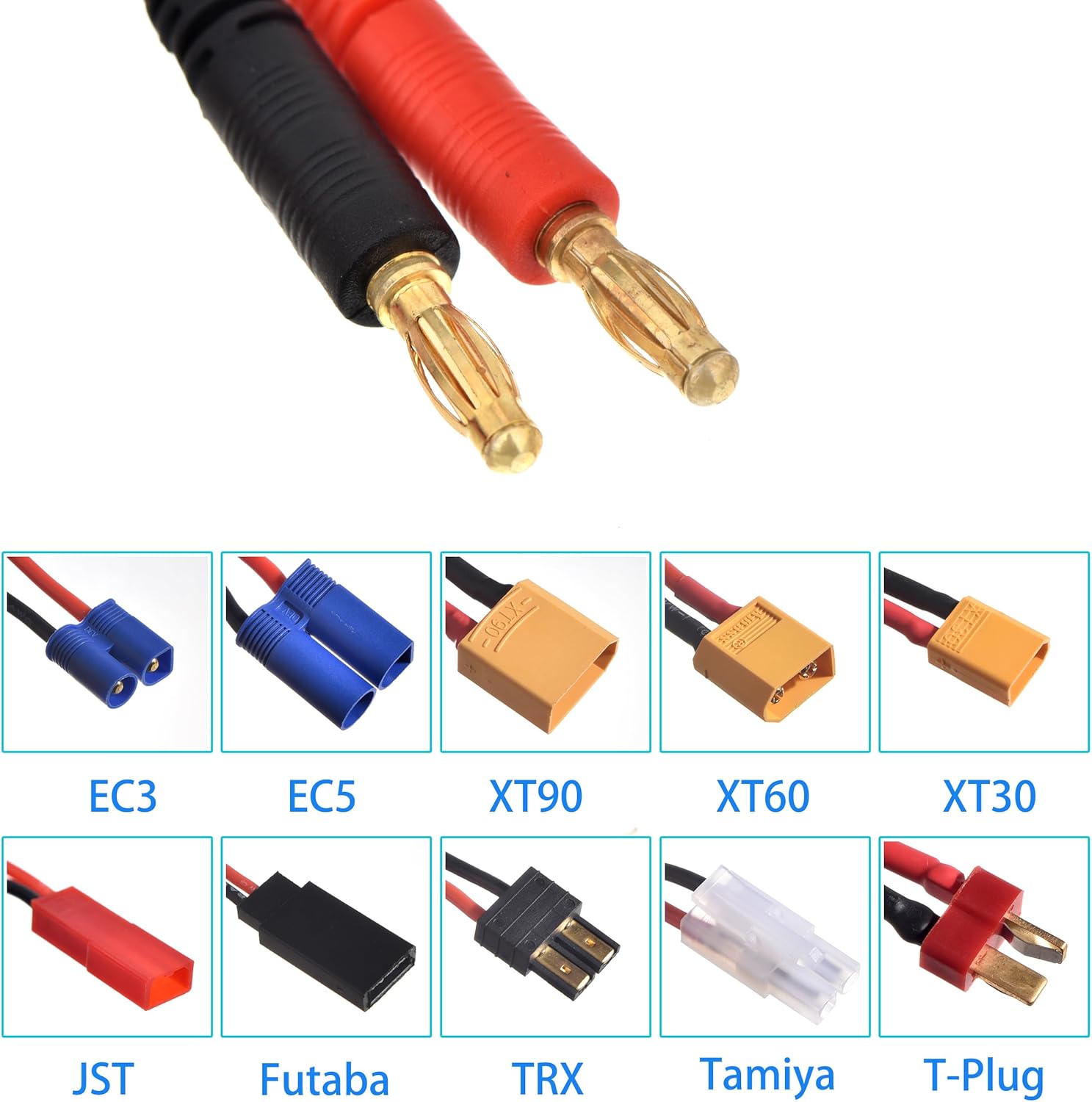 RC Lipo Battery Charger Adapter Connector Splitter Cable, 10 in 1 Convert Wire to 4.0mm Banana Plug with 2-6S Charge Balance Board for TRX, T-Plug, Tamiya, Futaba, JST, XT90, XT60, XT30, EC3, EC5