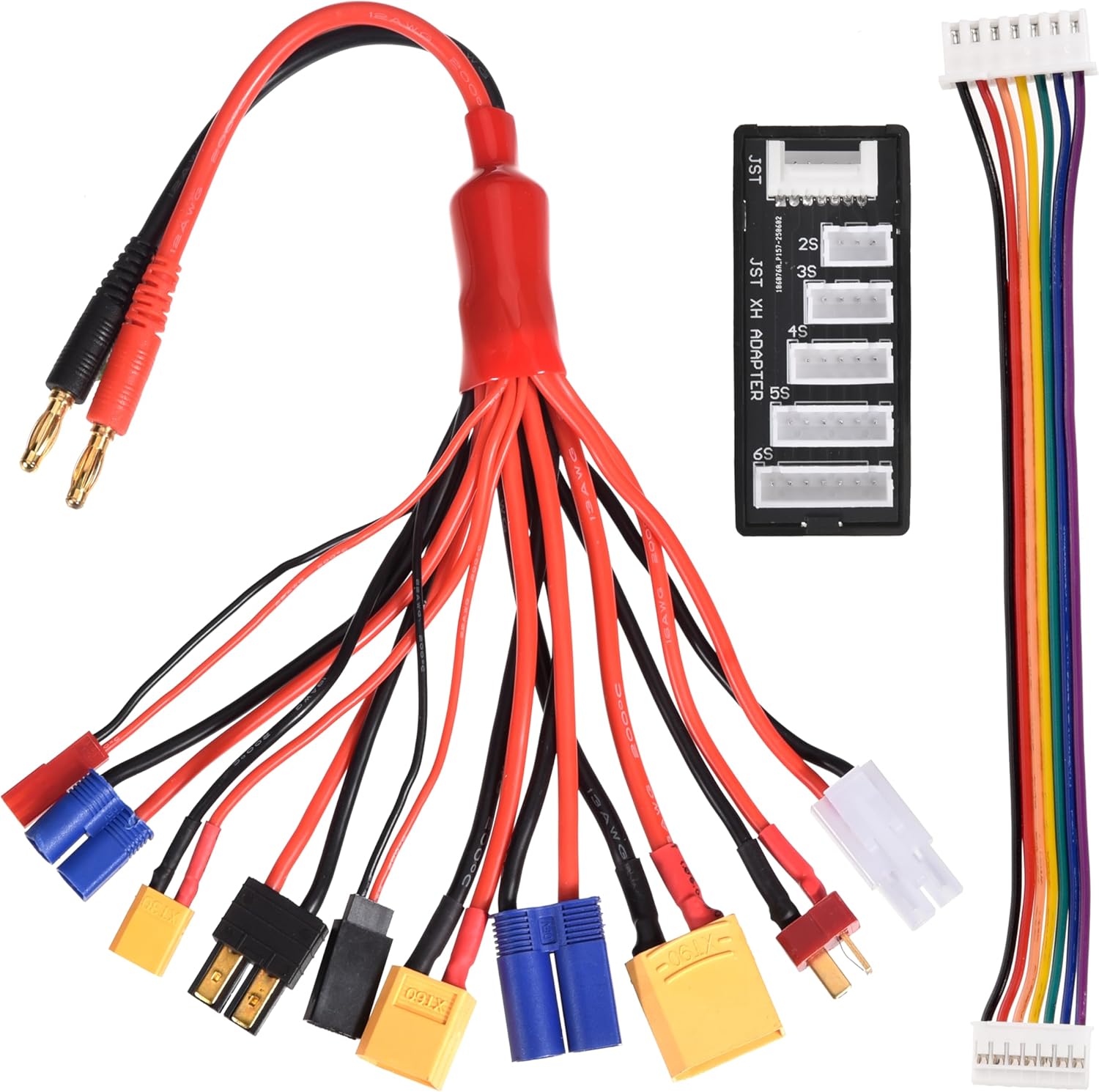 RC Lipo Battery Charger Adapter Connector Splitter Cable, 10 in 1 Convert Wire to 4.0mm Banana Plug with 2-6S Charge Balance Board for TRX, T-Plug, Tamiya, Futaba, JST, XT90, XT60, XT30, EC3, EC5